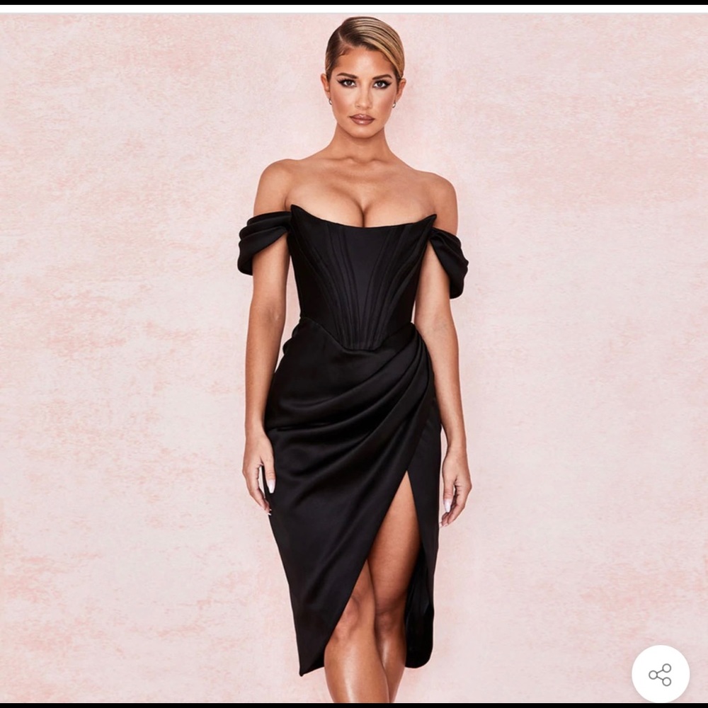 House of CB Black Satin Off The Shoulder Dress